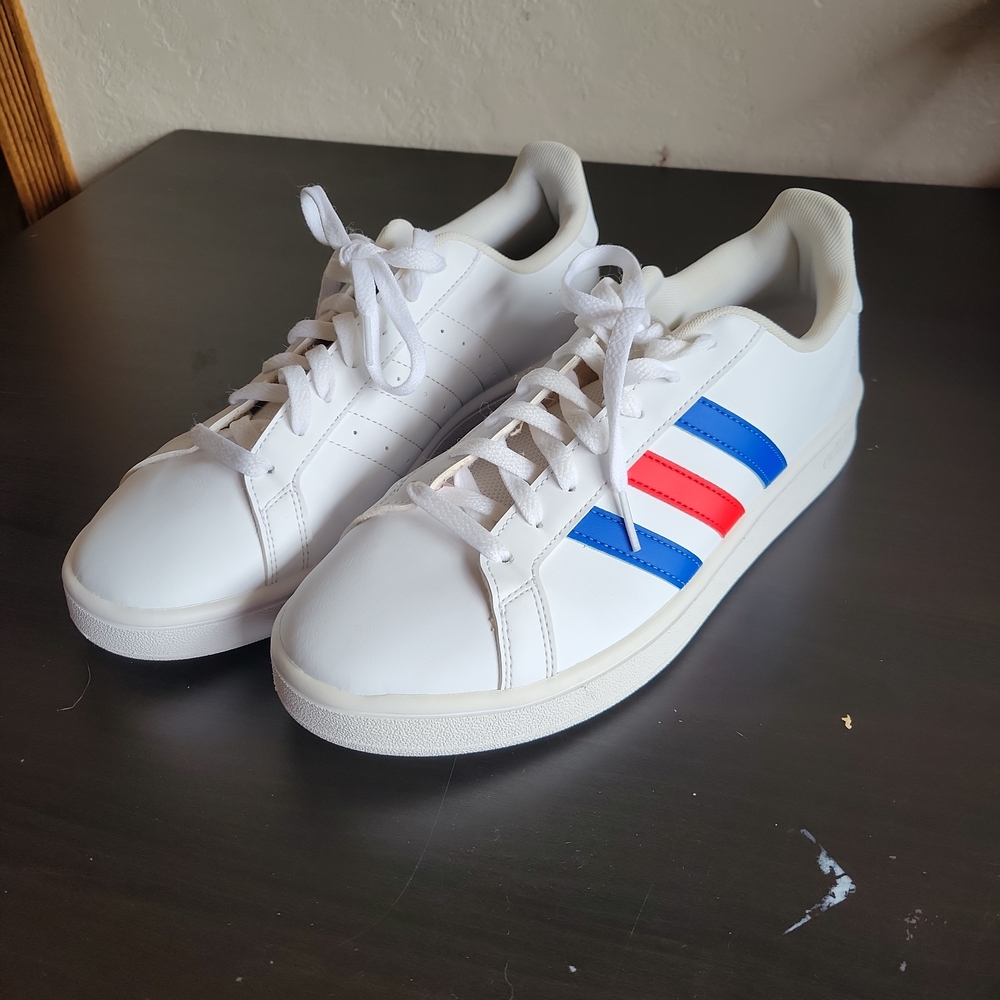 adidas White Athletic Shoes with Blue and Red Stripes